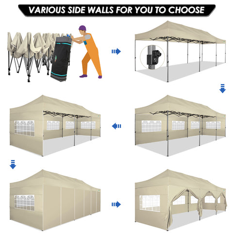 COBIZI 10'x30' Pop-Up-Überdachung, Partyzelt, Outdoor-Event-Sofortpavillon, wasserdichtes, kommerzielles, robustes Vordach für Veranstaltungen mit 8 Seitenwänden und 4 Sandsäcken, Tragetasche mit Rollen, Blau 