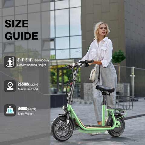 Electric Scooters with Seat for Adults, 350W(Peak 560W) Motor, 12 Miles Long Range, 20 MPH Top Speed, Foldable E Bike for Commuting with Basket,Yellow