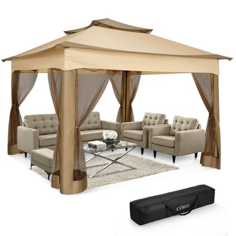 COBIZI Pop-up Gazebo 12x12 Outdoor Gazebo Canopy with Mosquito Netting Patio Tent Backyard Canopy with 2-Tiered Vented Top 3 Adjustable Height and 144 Square Ft of Shade, Beige