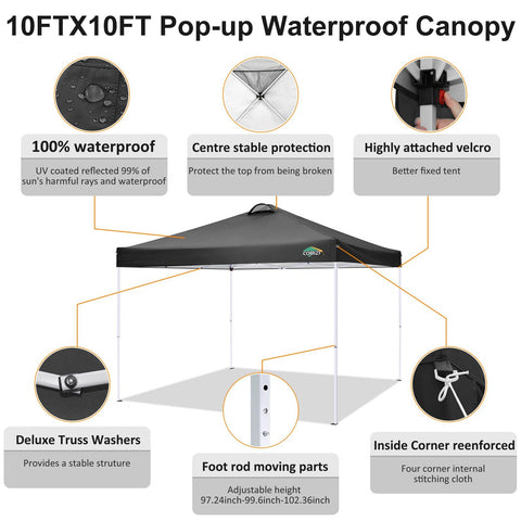 COBIZI 10' x 10' Adjustable Height Pop-up Canopy Tent Fully Waterproof Instant Outdoor Canopy Folding Shelter with 4 Removable Sidewalls, Air Vent on The Top, 4 Sandbags, Carrying Bag, Black