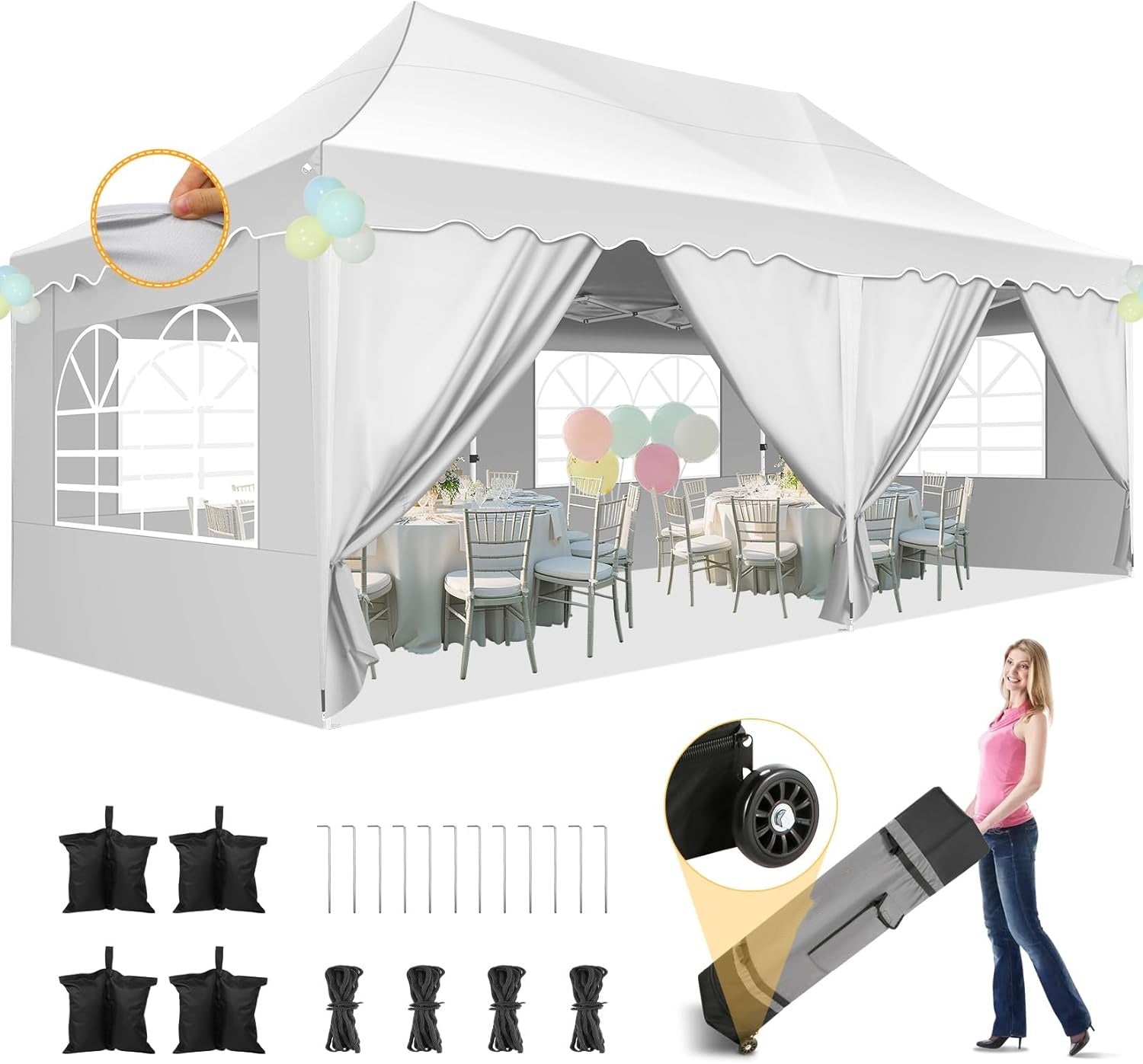 SANOPY 10' x 20' Pop up Canopy Party Tent with 6 Removable Sidewalls, Wave Eave Outdoor Waterproof Patio Gazebo Tent with Carry Bag, Backyards Camping Picnics, Black