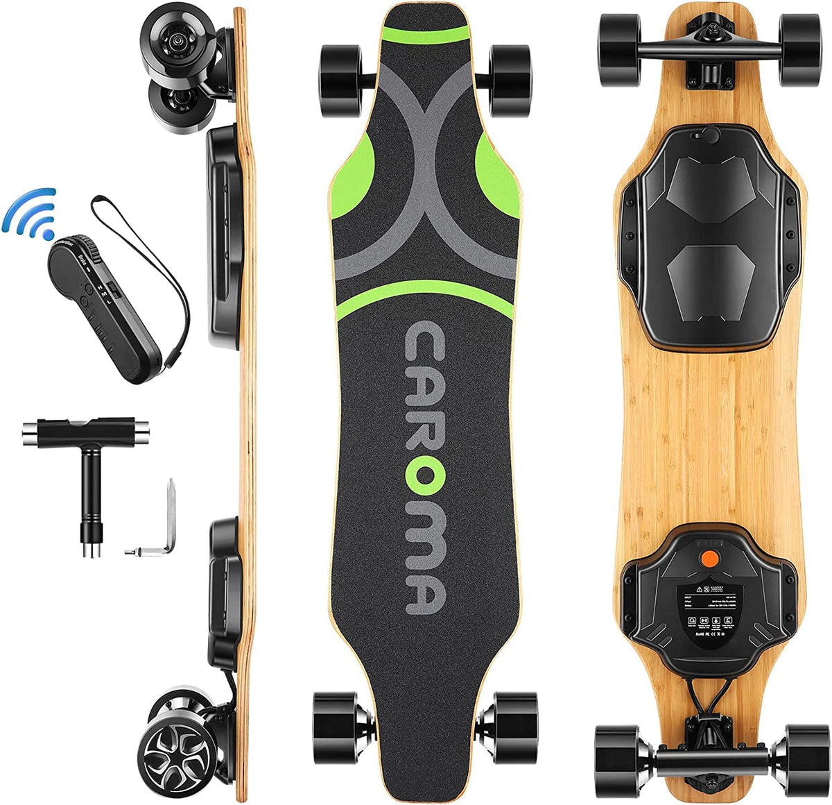 Caroma Electric Skateboards with Remote, 900W Hub-Motor Electric Longboard for Adults Teens, 28MPH Top Speed, 22 Miles Max Range Graffiti - Black Green