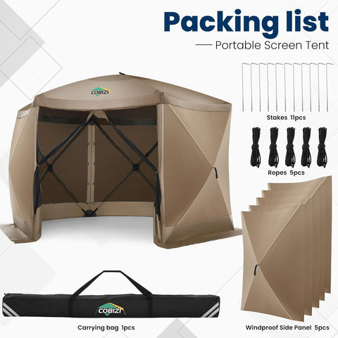 COBIZI 12x12 Pop Up Gazebo Screen Tent Screen House with sidewalls and Mosquito Netting for Camping, Waterproof, UV Resistant, EZ Set-up Party Canopy with Carrying Bag and Ground Stakes, Khaki