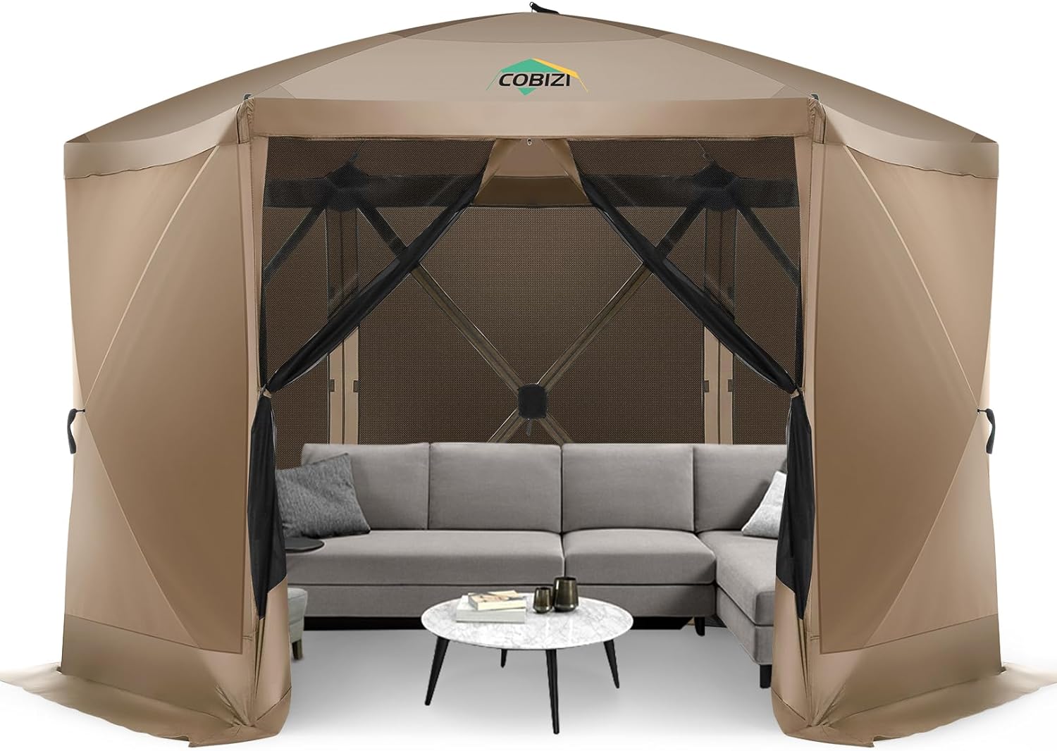 COBIZI 12x12 Pop Up Gazebo Screen Tent Screen House with sidewalls and Mosquito Netting for Camping, Waterproof, UV Resistant, EZ Set-up Party Canopy with Carrying Bag and Ground Stakes, Khaki