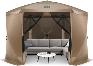 COBIZI 12x12 Pop Up Gazebo Screen Tent Screen House with sidewalls and Mosquito Netting for Camping, Waterproof, UV Resistant, EZ Set-up Party Canopy with Carrying Bag and Ground Stakes, Khaki