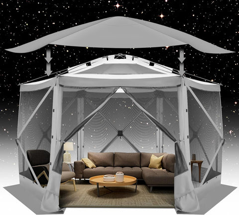 COBIZI 12x12 Pop-up Gazebo Starry Sky Screen Canopy Tent Screen House for Camping, Screen Room with Mosquito Netting, Hub Tent Instant Screened Canopy with Carrying Bag and Ground Stakes, Gray