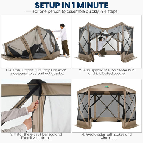 COBIZI 12x12 Pop Up Gazebo Screen Tent Screen House with sidewalls and Mosquito Netting for Camping, Waterproof, UV Resistant, EZ Set-up Party Canopy with Carrying Bag and Ground Stakes, Khaki