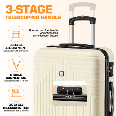 SANOPY 20" Expandable Carry-On Luggage Set, Hardside 3PCS Lightweight Suitcase Set with TSA Lock and Spinner Wheels, Beige