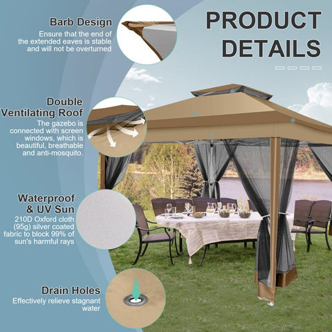 COBIZI 12'x12' Pop Up Gazebo Patio Gazebo Outdoor Gazebo Canopy with Mosquito Netting Patio Tent Backyard Canopy with 2-Tiered Vented Top 3 Adjustable Height and 144 Square Ft of Shade, Brown