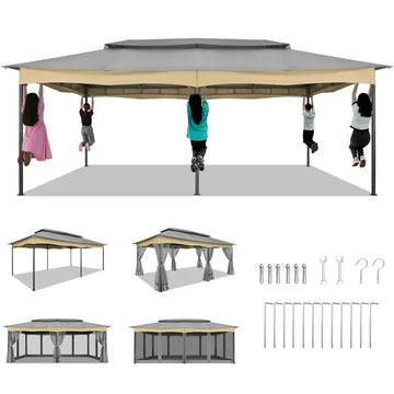 COBIZI 12x20 Outdoor Gazebo with Mosquito Netting Large Backyard Gazebo Tents for Patio, Deck, Party, Backyard with Double Roof Soft Top Screen Gazebo with Metal Steel Frame for Outside, Gray