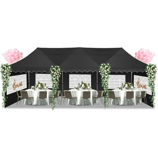 HOTEEL 10x30 Pop Up Canopy Tent with 8 Sidewalls,UPF 50+ Windproof 2000+Waterproof Wedding Event Tents for Outdoor Events,Camping,Wedding,Party Parties Canopy with Roller Bag,Black