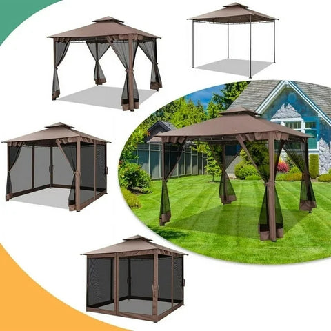 COBIZI Outdoor Gazebo,10x10 Patio Canopy with Mosquito Netting,Shade Tent for Party, Backyard, Deck, Patio Lawn & Garden,Complete Gazebo Canopy with Steel Frame Double Roof Tops,Brown