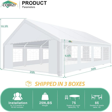 COBIZI 20x30ft Party Tent Heavy Duty, Wedding Tent, Event Tents for Parties, Carpas para Fiestas with Removable Sidewalls, 20x40 Tent with Built-in Sandbag, UV50+, Big Tent for Party, Carport, White