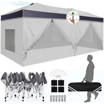 COBIZI 10'x 20' Pop-up Canopy Tent, 1-Push Center Lock, Air Vent, 6 Removable Sidewalls, Gray