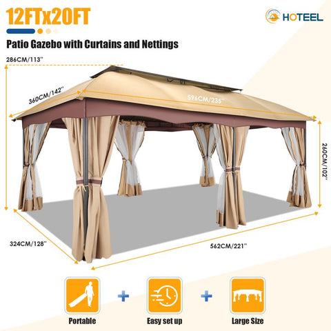 Hoteel 12X20 Heavy Duty Gazebo Outdoor Gazebo with Mosquito Netting and Curtains, Canopy Tent Deck Gazebo with Double-Arc Roof Ventiation and Metal Steel Frame Suitable for Lawn, Backyard, Patio,Khaki