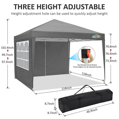 COBIZI 10'x10' ft Popup Canopy Waterproof Canopy with 4 Sidewalls Outdoor Commercial Instant Shelter Beach Camping Canopy Tent for Party,Gray