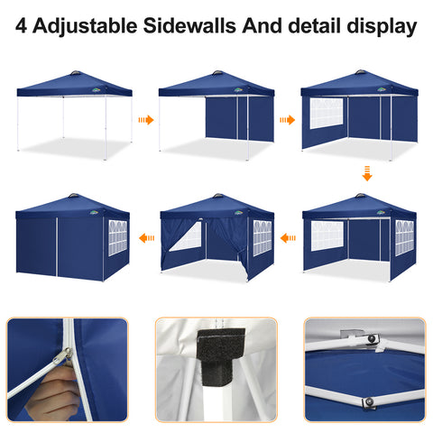COBIZI 10' x 10' Adjustable Height Pop-up Canopy Tent Fully Waterproof Instant Outdoor Canopy Folding Shelter with 4 Removable Sidewalls, Air Vent on The Top, 4 Sandbags, Carrying Bag, Dark Blue