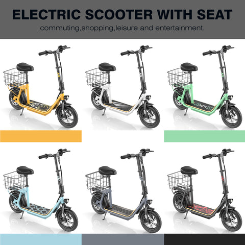 Electric Scooters with Seat for Adults, 350W(Peak 560W) Motor, 12 Miles Long Range, 20 MPH Top Speed, Foldable E Bike for Commuting with Basket,Yellow