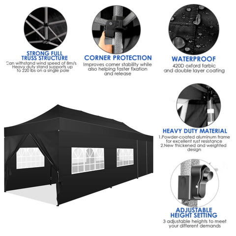 YUEBO 10x30 Heavy Duty Canopy with 8 Sidewalls,Outdoor Carport with Roller Bag,Pop up Tents for Parties,Wedding,Commercial,Black