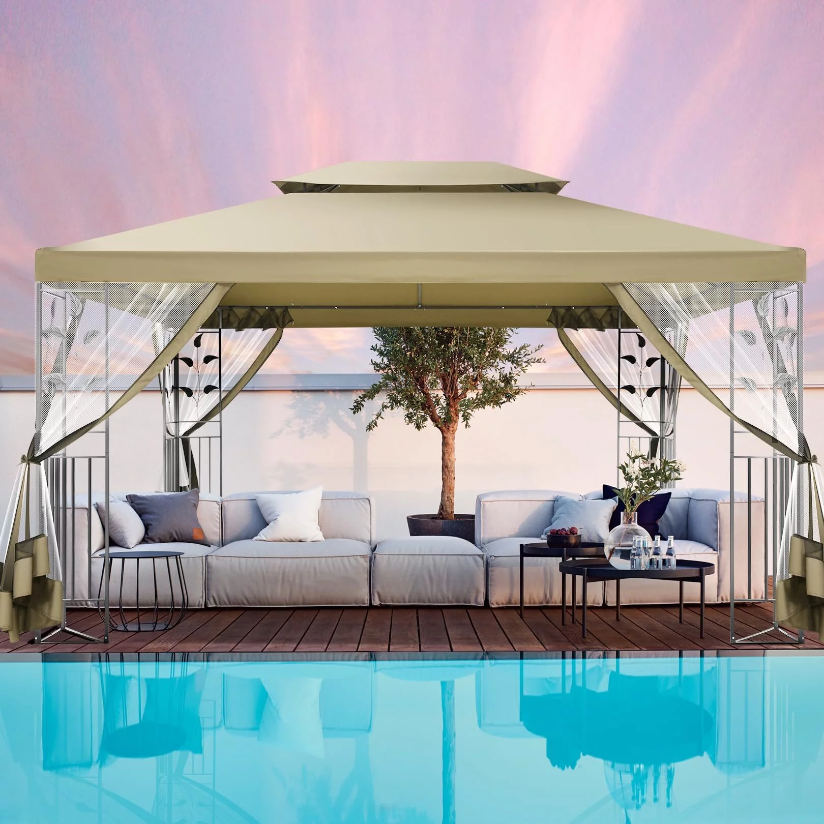 COBIZI 10x13 Outdoor Gazebo, Garden Tent for Patio Canopy with Leaf Screen Steel Frame and Mosquito Netting, Double Roof Canopy Tent for Party, Deck, Backyard, Garden and Lawns, Khaki