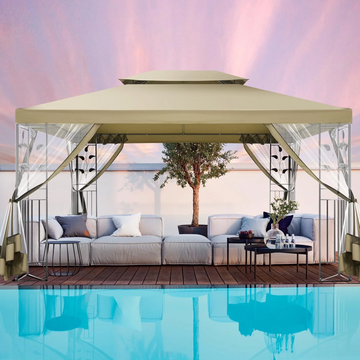 COBIZI 10x13 Outdoor Gazebo, Garden Tent for Patio Canopy with Leaf Screen Steel Frame and Mosquito Netting, Double Roof Canopy Tent for Party, Deck, Backyard, Garden and Lawns, Khaki