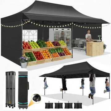 COBIZI 10x20 Heavy Duty Pop up Canopy Tent, Waterproof Outdoor Event Shelter with Extended Awning, UPF 50+, Instant Set up, Roller Bag, Black