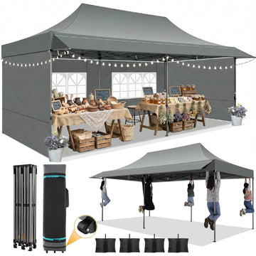 COBIZI 10x20 Heavy Duty Pop up Canopy Tent, Waterproof Outdoor Event Shelter with Extended Awning, UPF 50+, Instant Set up, Roller Bag, Gray
