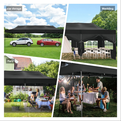 YUEBO 10 x 30 robustes Vordach mit 8 Seitenwänden, Outdoor-Carport mit Rolltasche, Pop-Up-Zelte für Partys, Hochzeiten, Gewerbe, Schwarz