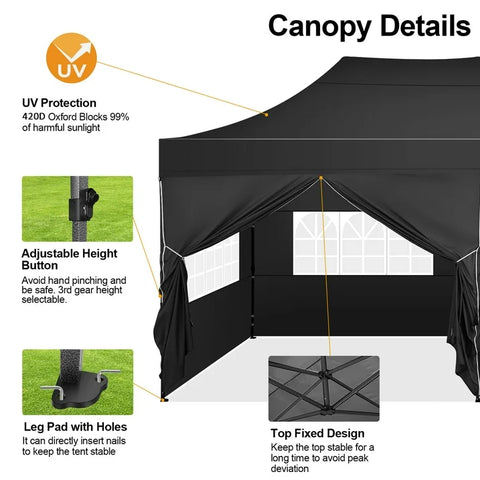 COBIZI 10x20 Heavy Duty Pop up Canopy Tent with 6 sidewalls Easy Up Commercial Outdoor Canopy Wedding Party Tents for Parties All Season Wind & Waterproof Gazebo with Roller Bag,Black(Frame Thickened)