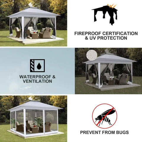 COBIZI 12x12 Outdoor Gazebo Pop Up Gazebo Canopy with Mosquito Netting Patio Tent Backyard Canopy with 2-Tiered Vented Top 3 Adjustable Height, Gray