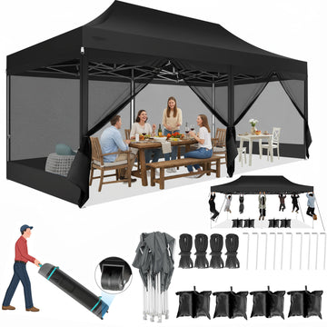 COBIZI 10x15 Heavy Duty Pop up Canopy with Mosquito Net,Pop-up Canopy with Screen Instant Outdoor Shelter Party Canopy Tent for Outside,Gazebo with Netting Sidewalls for Patio,Party,Garden,Gray