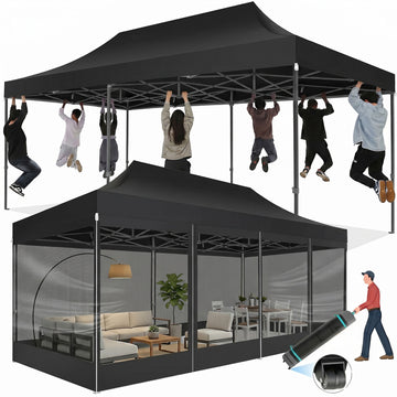 COBIZI 10x20 Pop up Canopy Tent with Mosquito Netting, Outdoor Heavy Duty Party Tent, Waterproof UPF 50+ Commercial Canopy, Mesh Sidewalls, Black
