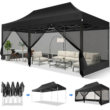 COBIZI 10x20 Heavy Duty Pop up Canopy with Mosquito Net,Instant Outdoor Shelter Large Canopy Tent for Outside,Gazebo with Mesh Sidewalls for Party,Backyard,Camping,Black