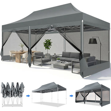 COBIZI 10x20 Heavy Duty Pop up Canopy with Mosquito Net,Instant Outdoor Shelter Large Canopy Tent for Outside,Gazebo with Mesh Sidewalls for Party,Backyard,Camping,Gray
