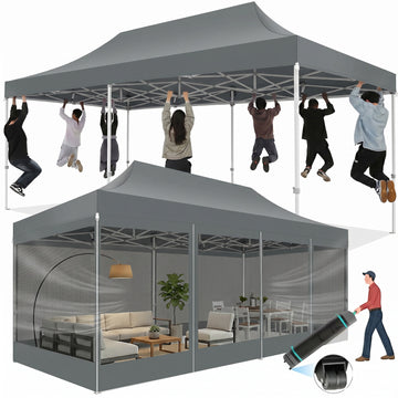 COBIZI 10x20 Pop up Canopy Tent with Mosquito Netting, Outdoor Heavy Duty Party Tent, Waterproof UPF 50+ Commercial Canopy, Mesh Sidewalls, Gray