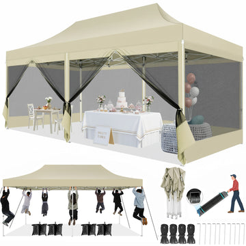 COBIZI 10x20 Canopy Heavy Duty Tent,Pop Up Canopy Gazebo with Netting Screened,Waterproof&Sunproof Ez up Canopy with Sidewalls,Outdoor Instant Screened Gazebo for Backyard,Wedding,Birthday,BBQ,Khaki