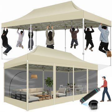 COBIZI 10x20 Pop up Canopy Tent with Mosquito Netting, Outdoor Heavy Duty Party Tent, Waterproof UPF 50+ Commercial Canopy, Mesh Sidewalls, Khaki