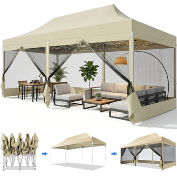 COBIZI 10x20 Heavy Duty Pop up Canopy with Mosquito Net,Instant Outdoor Shelter Large Canopy Tent for Outside,Gazebo with Mesh Sidewalls for Party,Backyard,Camping,Khaki