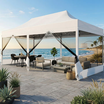 COBIZI 10x20 Heavy Duty Pop Up Canopy Tent with Mosquito Netting-Waterproof UPF 50+ Commercial Gazebo with Mesh Sidewalls,Full-Truss Instant Party Tent with Wheeled Bag,White