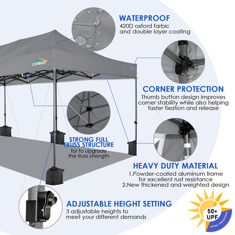 COBIZI 10'x30' Pop-Up-Überdachung, Partyzelt, Outdoor-Event-Sofortpavillon, wasserdichtes, kommerzielles, robustes Vordach für Veranstaltungen mit 8 Seitenwänden und 4 Sandsäcken, Tragetasche mit Rollen, Blau 