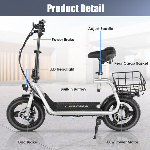 Caroma 500W Electric Scooter with Seat for Adult, 300lbs Max Load, 48V Battery 14 inch Commuter ride ons with Basket - up to 25 Miles 20MPH