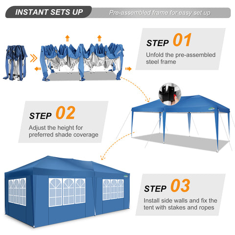 COBIZI 10x20 EZ-UP Canopy Tent Waterproof Canopy,Protable Instant Shelter Gazebo with 6 Removable Sidewalls and Carry Bag,Blue