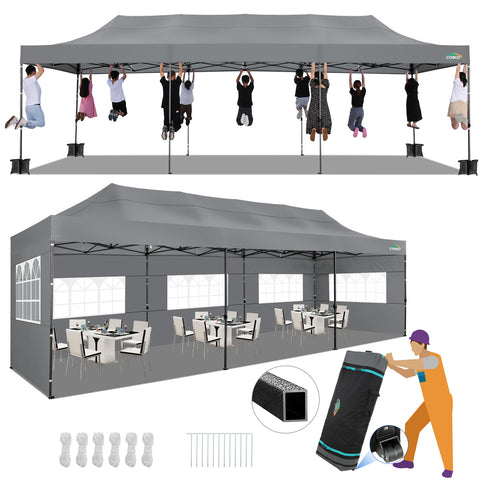 COBIZI 10'x30' Pop-Up-Überdachung, Partyzelt, Outdoor-Event-Sofortpavillon, wasserdichtes, kommerzielles, robustes Vordach für Veranstaltungen mit 8 Seitenwänden und 4 Sandsäcken, Tragetasche mit Rollen, Blau 