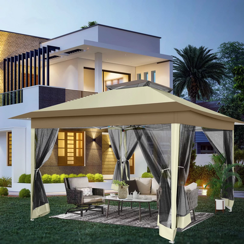 COBIZI Pop-up-Pavillon 12x12 Outdoor-Pavillonüberdachung mit Moskitonetz, Terrassenzelt, Hinterhofüberdachung mit 2-stufiger, belüfteter Oberseite, 3-fach höhenverstellbar und 144 Quadratfuß Schatten, Beige 