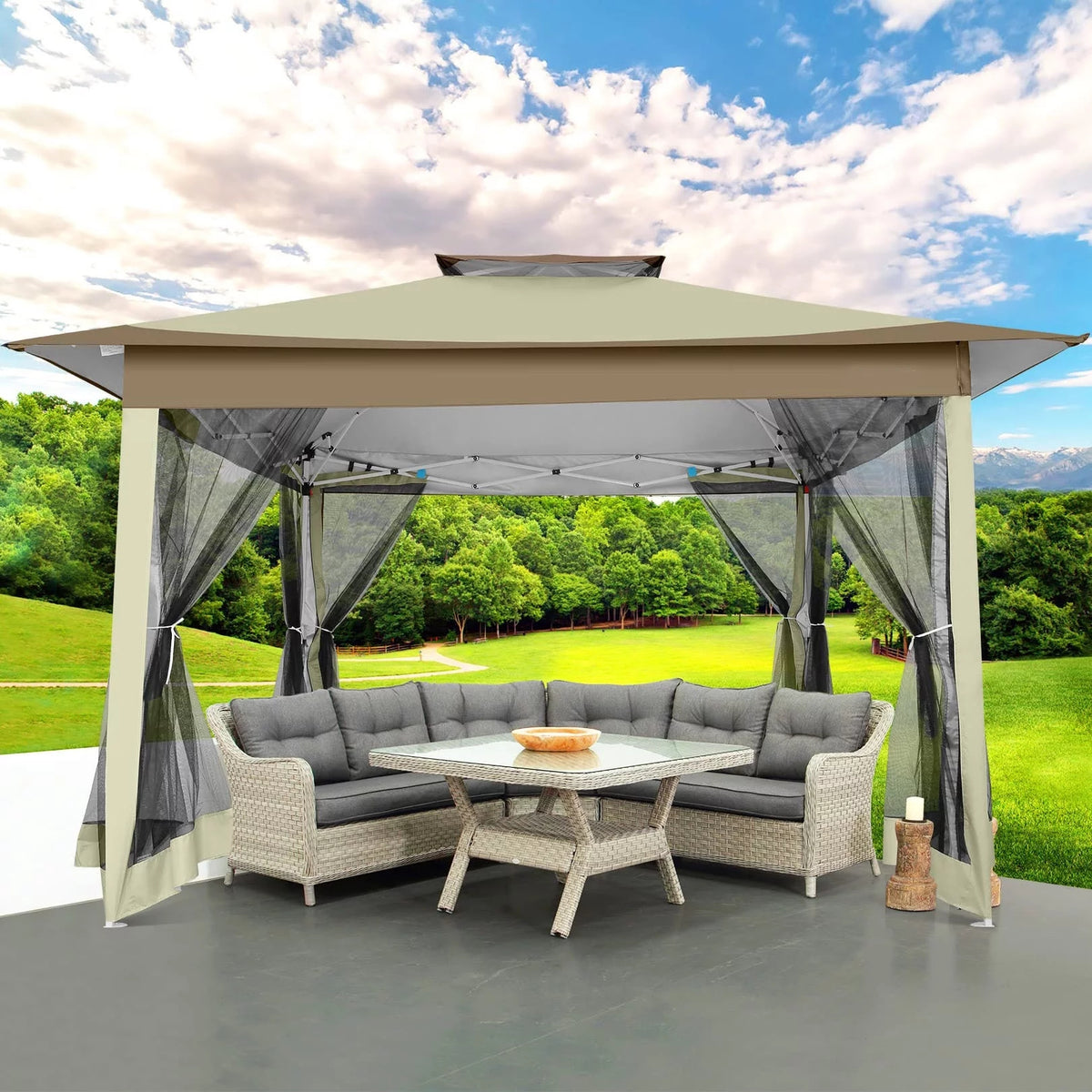 COBIZI Pop-up-Pavillon 12x12 Outdoor-Pavillonüberdachung mit Moskitonetz, Terrassenzelt, Hinterhofüberdachung mit 2-stufiger, belüfteter Oberseite, 3-fach höhenverstellbar und 144 Quadratfuß Schatten, Beige 