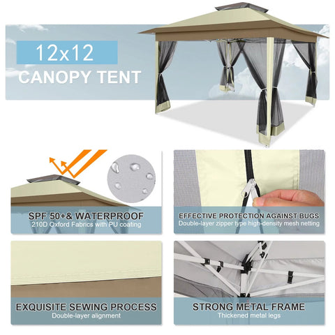 COBIZI Pop-up-Pavillon 12x12 Outdoor-Pavillonüberdachung mit Moskitonetz, Terrassenzelt, Hinterhofüberdachung mit 2-stufiger, belüfteter Oberseite, 3-fach höhenverstellbar und 144 Quadratfuß Schatten, Beige 