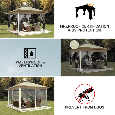 COBIZI Pop-up-Pavillon 12x12 Outdoor-Pavillonüberdachung mit Moskitonetz, Terrassenzelt, Hinterhofüberdachung mit 2-stufiger, belüfteter Oberseite, 3-fach höhenverstellbar und 144 Quadratfuß Schatten, Beige 