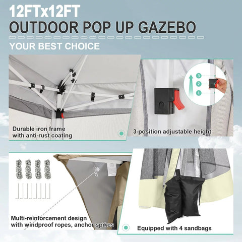 COBIZI Pop-up-Pavillon 12x12 Outdoor-Pavillonüberdachung mit Moskitonetz, Terrassenzelt, Hinterhofüberdachung mit 2-stufiger, belüfteter Oberseite, 3-fach höhenverstellbar und 144 Quadratfuß Schatten, Beige 