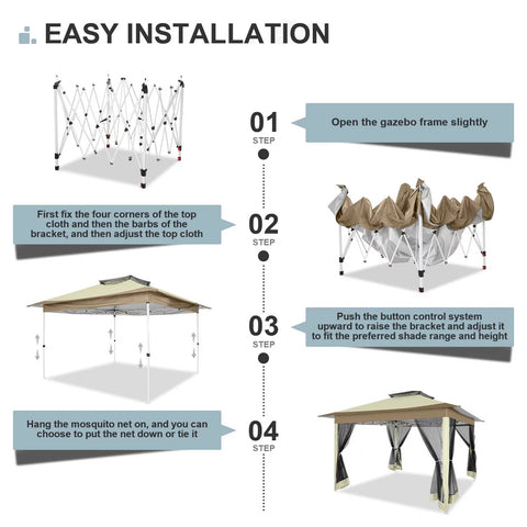 COBIZI Pop-up-Pavillon 12x12 Outdoor-Pavillonüberdachung mit Moskitonetz, Terrassenzelt, Hinterhofüberdachung mit 2-stufiger, belüfteter Oberseite, 3-fach höhenverstellbar und 144 Quadratfuß Schatten, Beige 