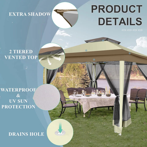 COBIZI Pop-up Gazebo 12x12 Outdoor Gazebo Canopy with Mosquito Netting Patio Tent Backyard Canopy with 2-Tiered Vented Top 3 Adjustable Height and 144 Square Ft of Shade, Beige